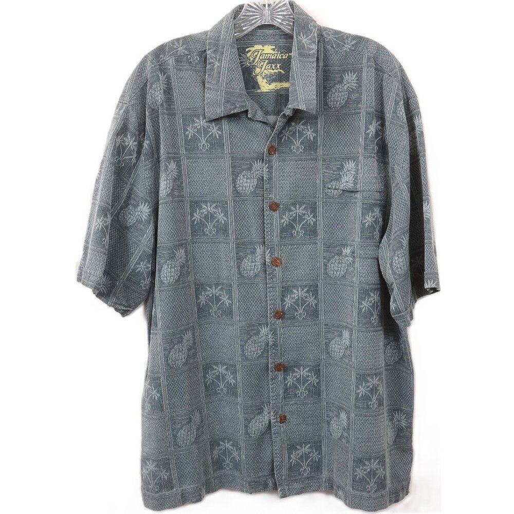 Jamaica Jaxx Island 100% Silk Men's Size L Button Down Shirt Palm Trees Pineappl